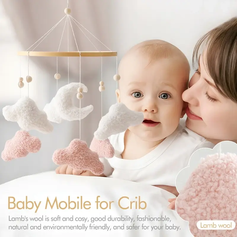 Thumbnail: Wooden Baby Crib Mobile with Cloud & Moon Felt Toys