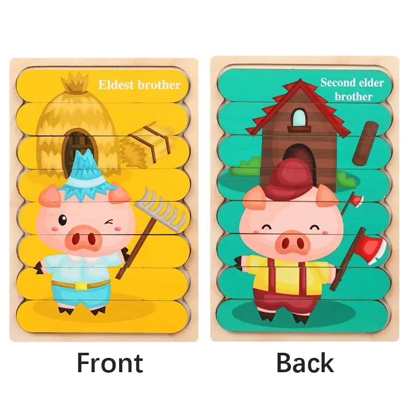 Thumbnail: Cartoon Animal Double-Sided Strip Wooden Puzzles Kids Montessori