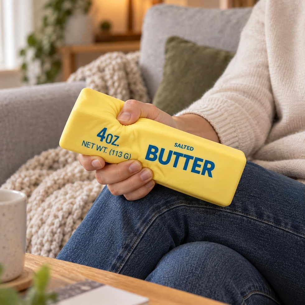 Holding the jumbo butter squishy on the couch