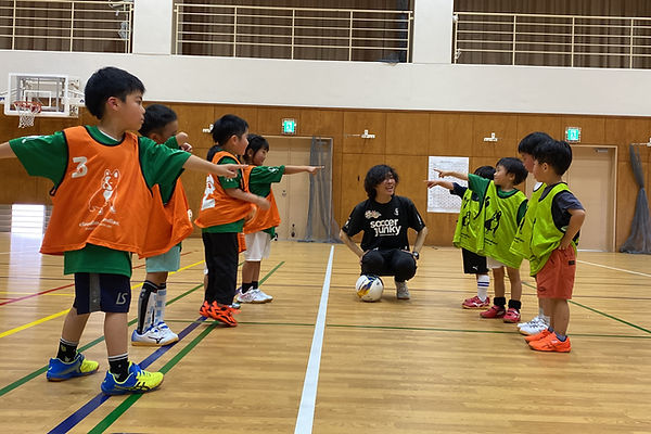 サッカースクールの生徒達が指を指している