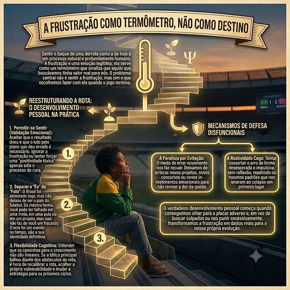 Infográfico em um estádio de futebol ao entardecer. Uma mulher negra com jaqueta verde e amarela senta-se reflexiva na arquibancada. À sua frente, uma escadaria de luz dourada com o símbolo da Psicologia ($\Psi$) e um termômetro se divide em dois caminhos ilustrados com textos: um para a direita sobre "Mecanismos de Defesa Disfuncionais" e outro que sobe para a esquerda sobre "Desenvolvimento Pessoal na Prática". Ao fundo, o placar eletrônico exibe o resultado "Brasil 1 x 2 Noruega".