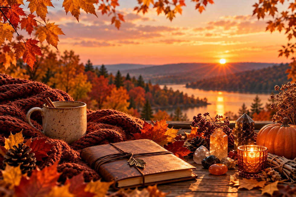 Cozy autumn scene with fall leaves, crystals, a journal, candle, and warm drink overlooking a lake at sunset