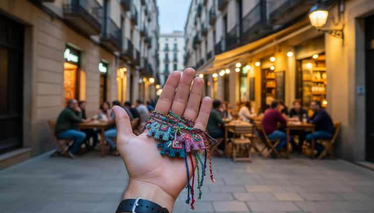 Eye-level view of a traveller holding small woven elephant bracelets near a Barcelona street café.