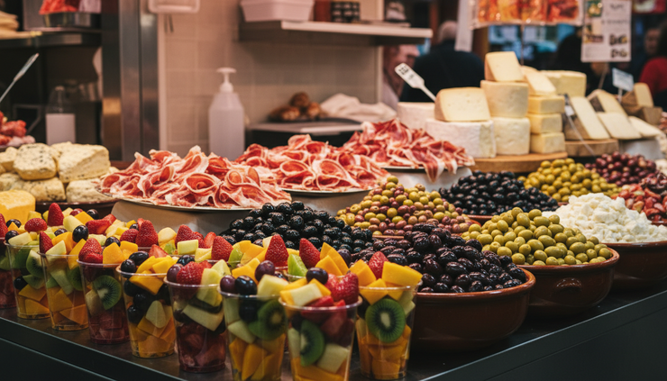 Close-up view of colourful fruit cups and cured ham inside La Boqueria market.