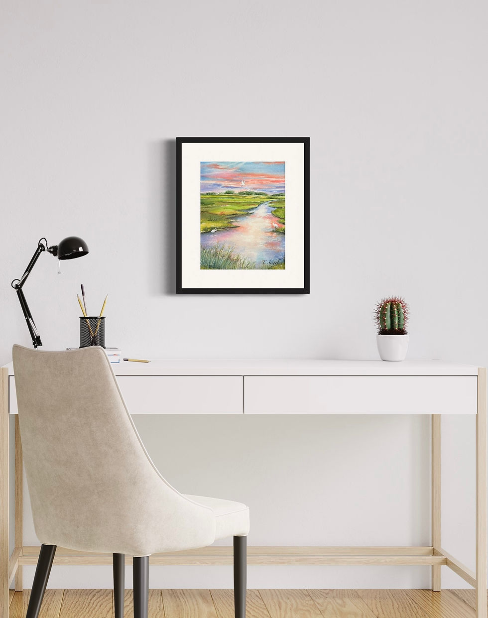 Thumbnail: framed watercolor print of a marsh landscape with snowy egrets