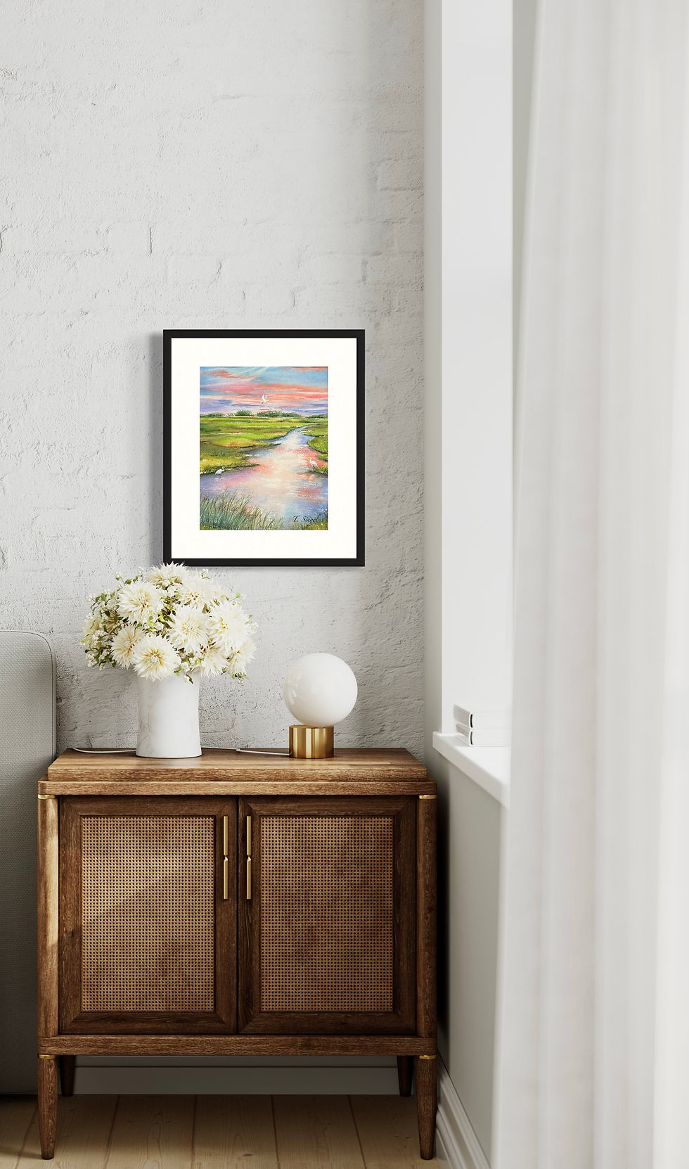 Thumbnail: watercolor print of a marsh landscape with snowy egrets