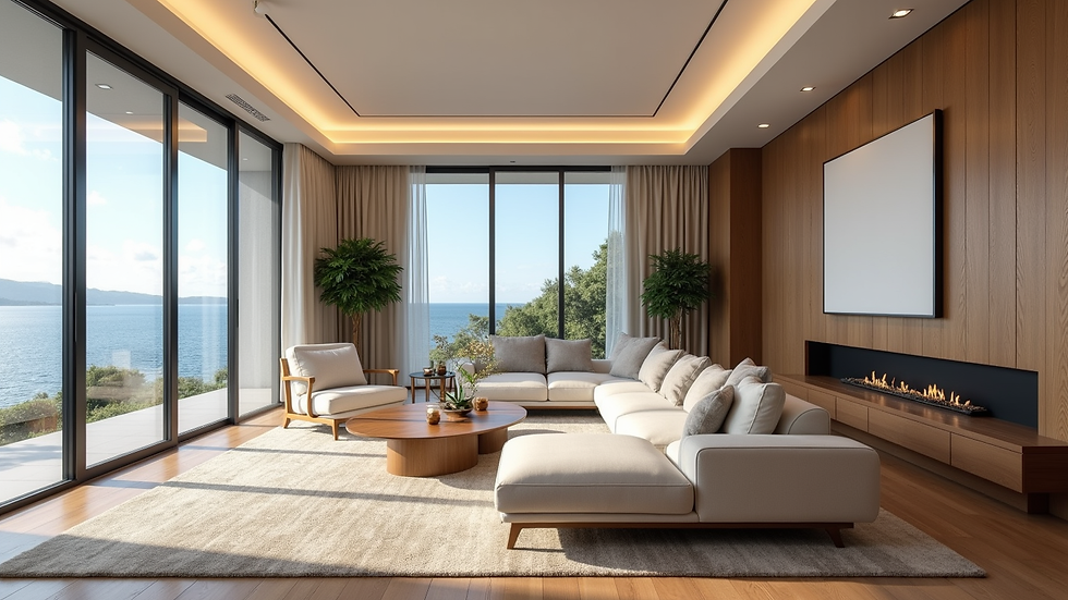 Wide angle view of a luxury vacation home living room with elegant furnishings and large windows