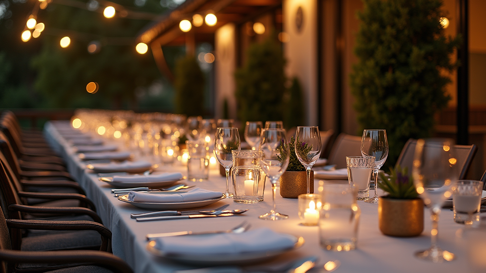 High angle view of a luxury outdoor dining area set for a private dinner