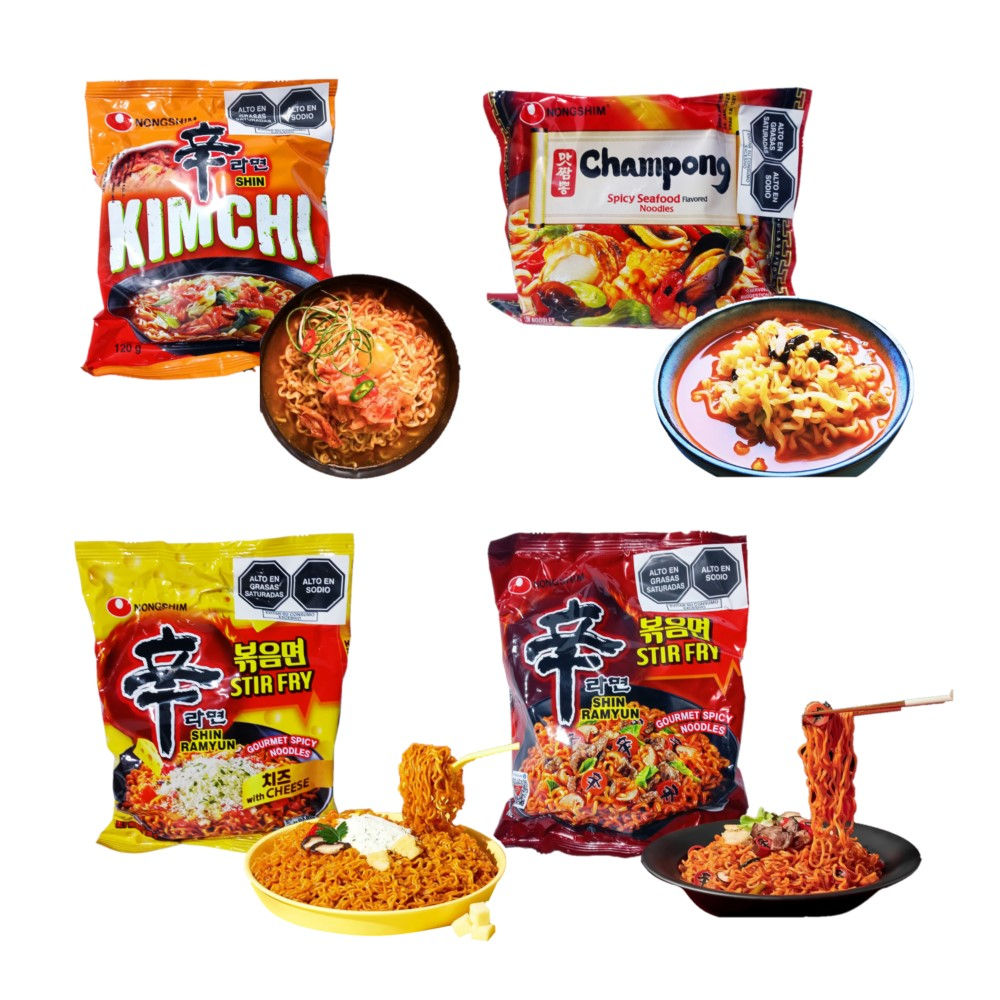 Pack Fideos Ramen 4u Kimchi. Queso. Salteado Picante. Mariscos