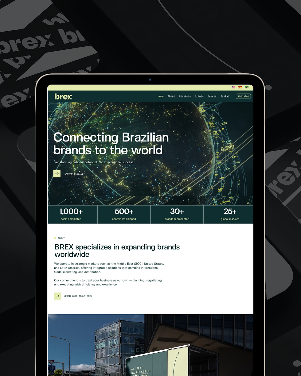Mockup do site Brex Trading exibido em tablet, com imagem de skyline corporativo.