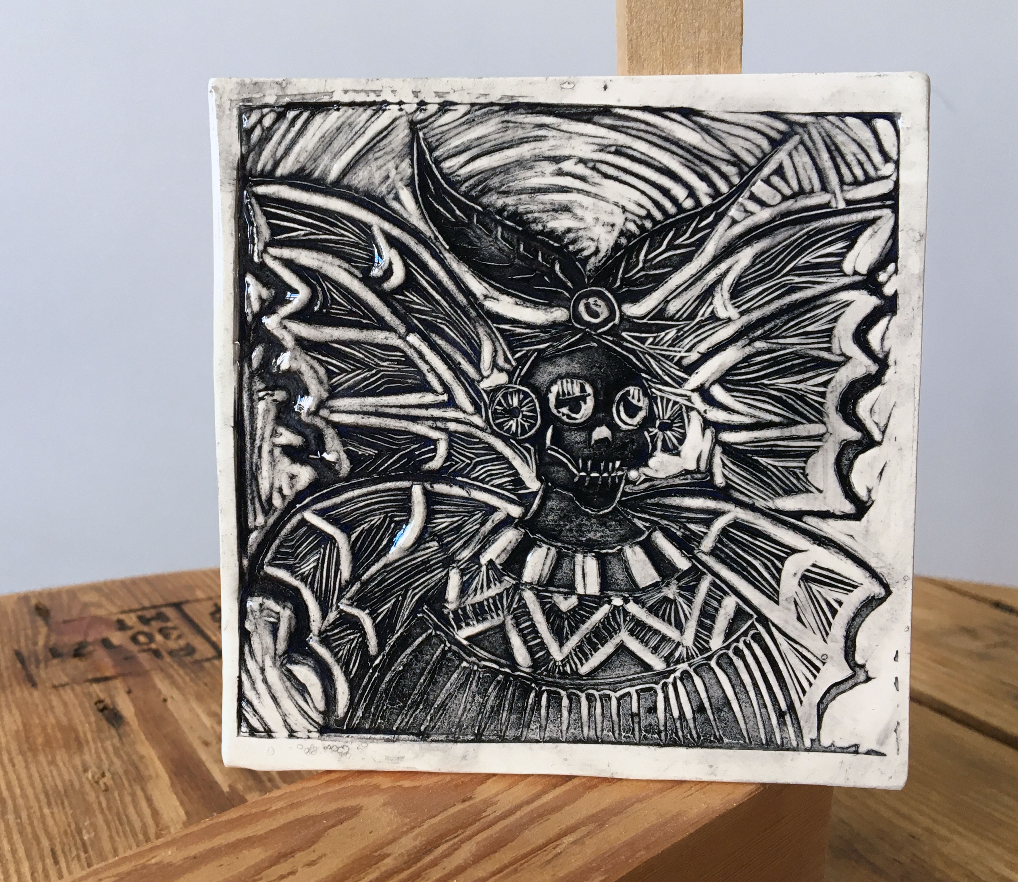 Ītzpāpālōtl (Obsidian Butterfly) Lino Cut Stamped Ceramic Tile