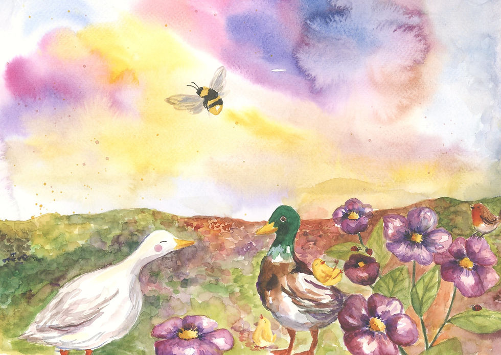 Thumbnail: 'Eendjes in de paarse bloemenwei' Ansichtkaart A6