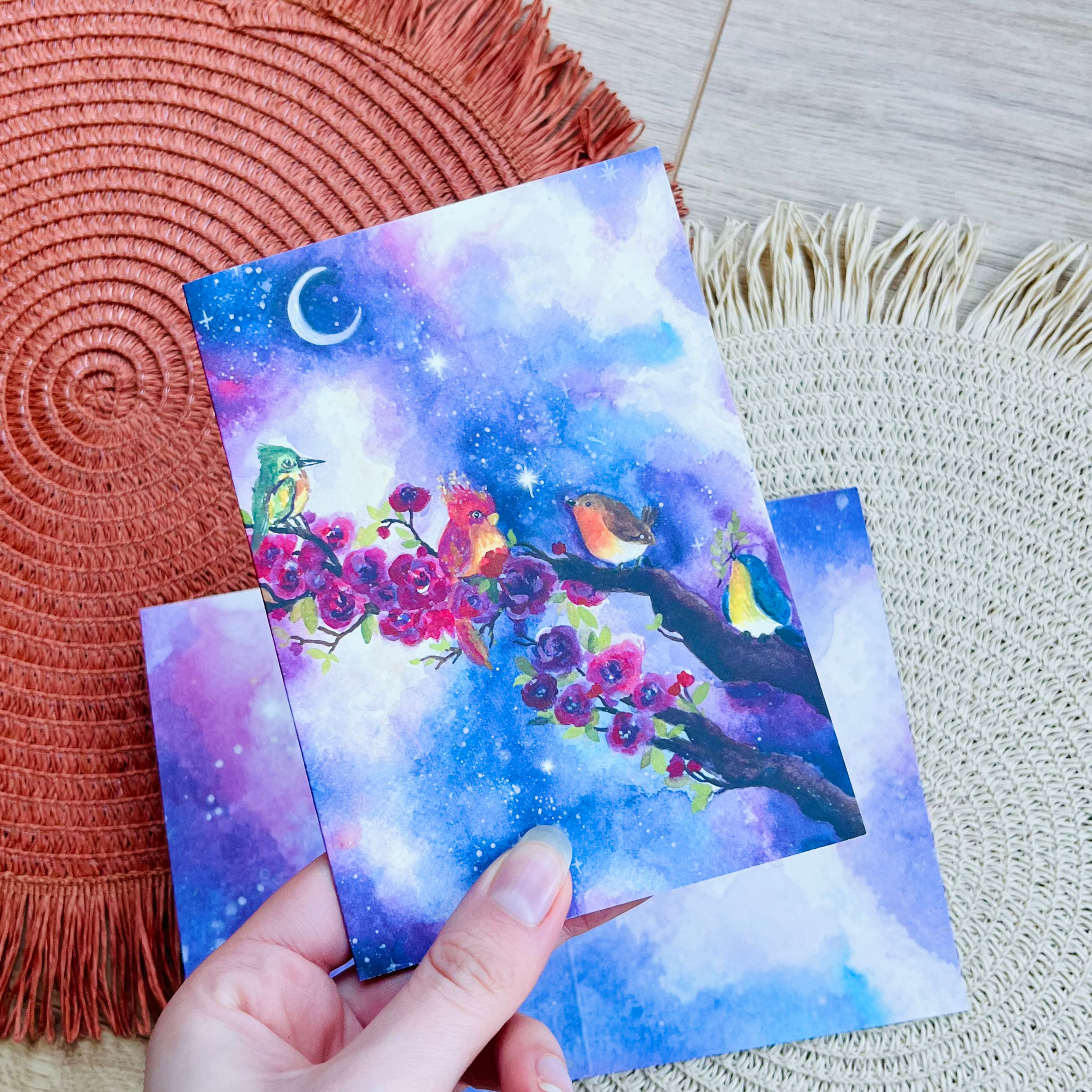 'Galaxy birds on the roses' Gevouwen kaart A6- handgeschilderde illustratie - A