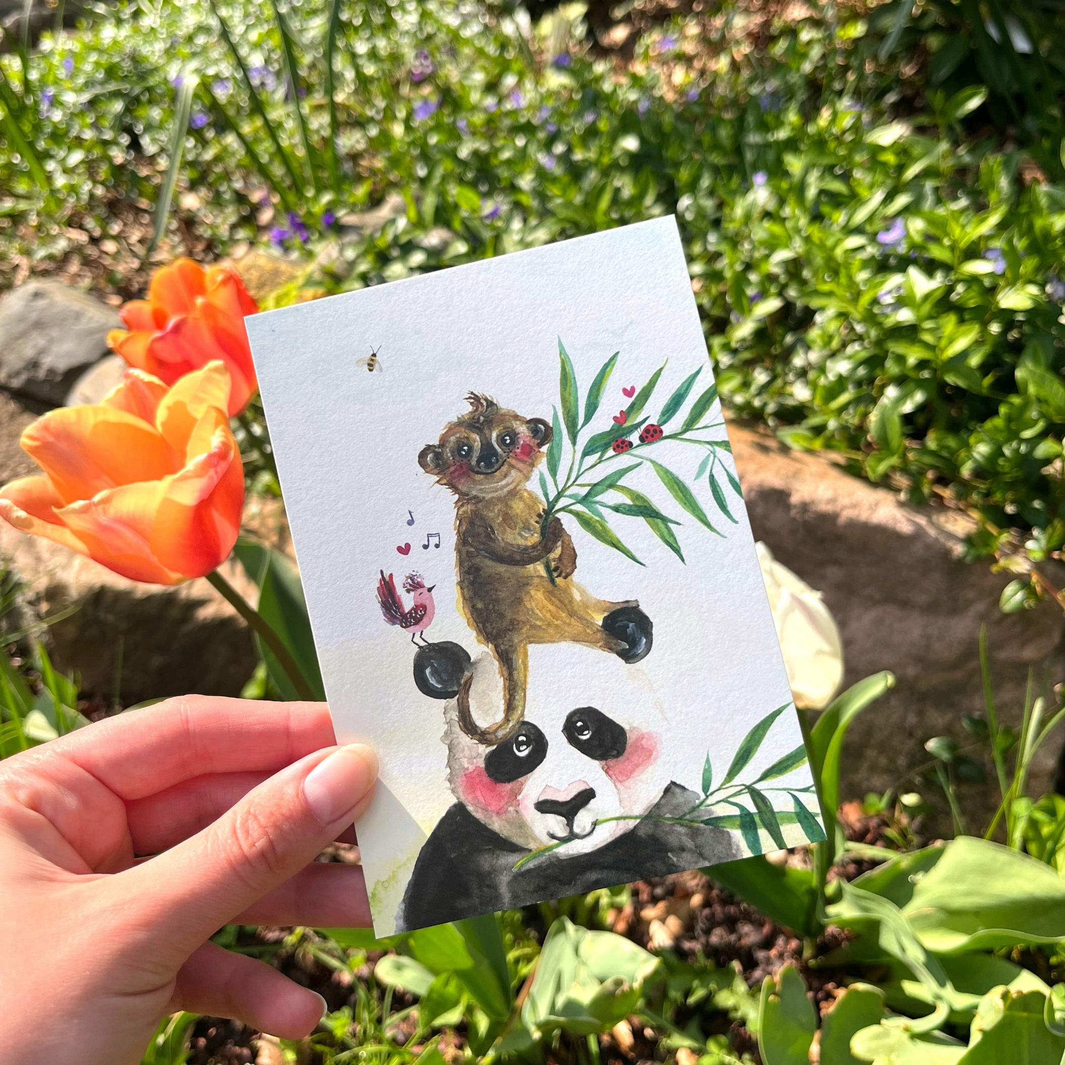 'Panda en stokstaartje' Ansichtkaart A6