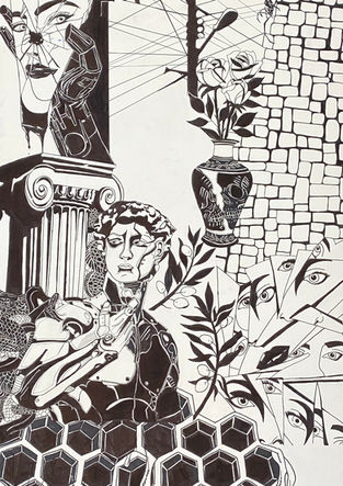 Homecoming
Created by artist Perpetua All Mother inspired by a prompt reading "neighborhood map" This piece is a symbolic puzzle leading the way home to the All Mother.

2021
Ink pen on poster board
27x40