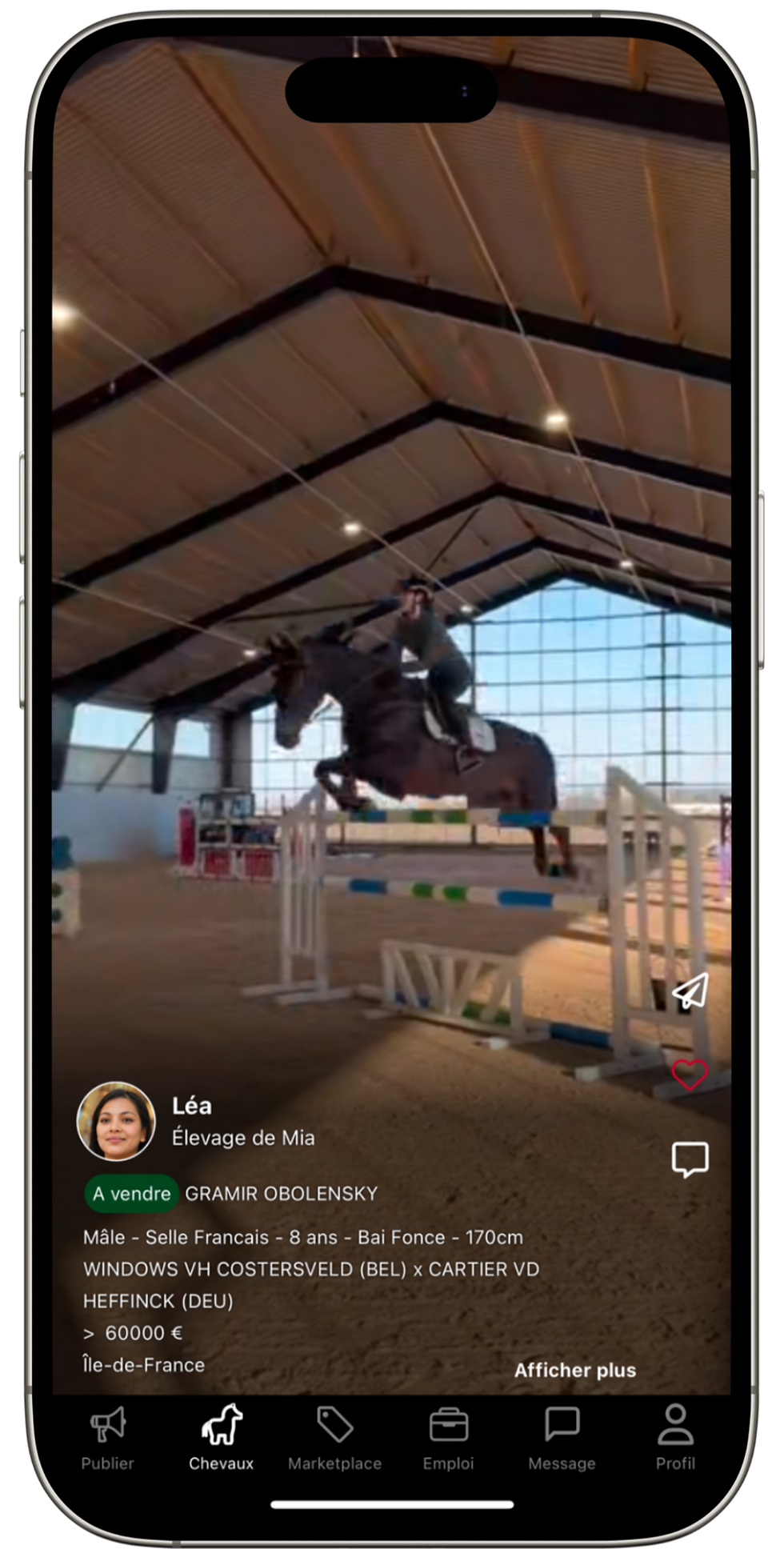 Capture d'écran d'une annonce TROT pour vendre un cheval. Grâce à la vidéo.