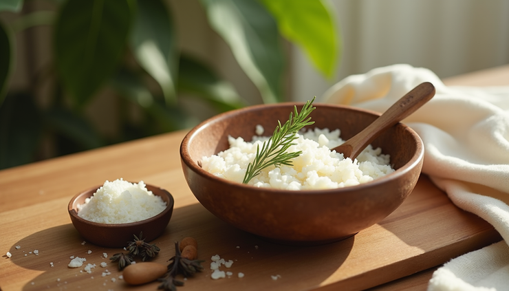 Close-up view of a bowl with natural hair mask ingredients on a wooden table
