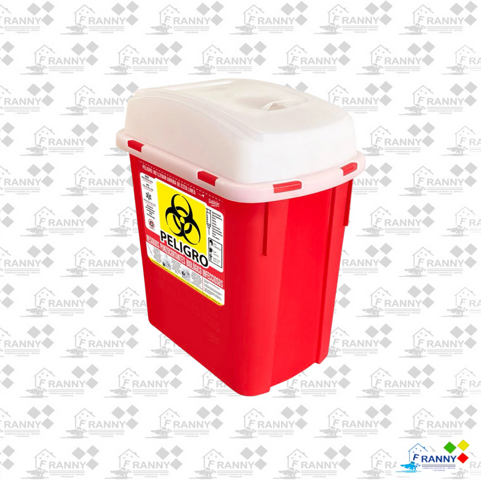 Contenedor RPBI rojo con símbolo de riesgo biológico.