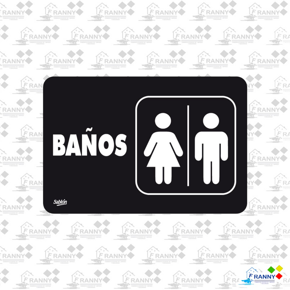 Señal de baño negra con texto BAÑOS y símbolos de hombre y mujer.
