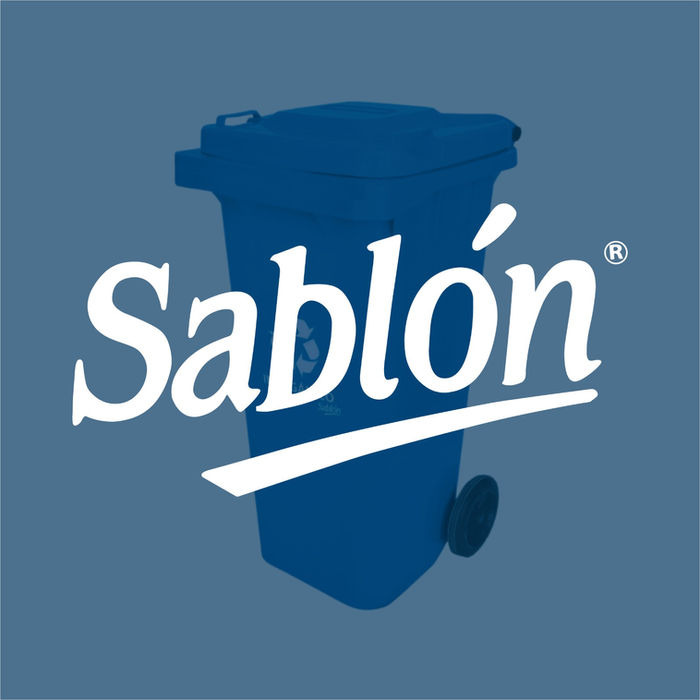 Contenedor azul de reciclaje con logo Sablon