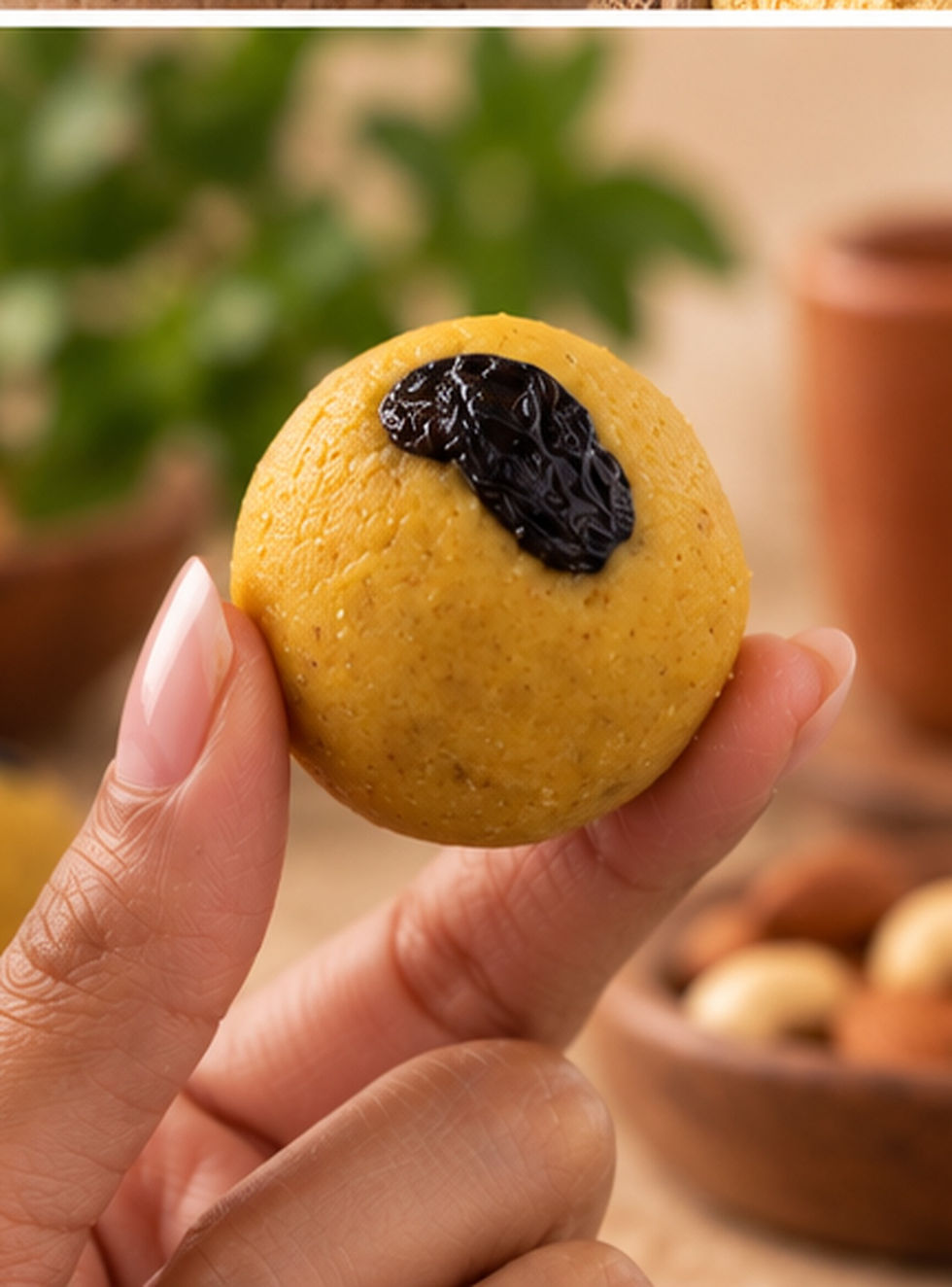 Handmade besan ladoo held in hand