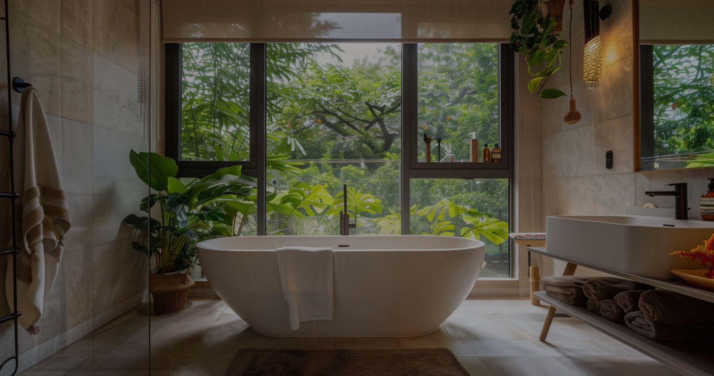 Luxury bathroom in front of large window