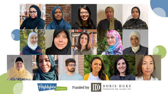 White background with blue and green circles. 16 pictures of Muslim writers for the Highlights Foundation Muslim Storyteller Fellows.