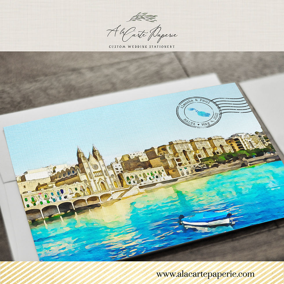 Thumbnail: Malta Mediterranean Valletta Watercolor Illustrated Destination Wedding Invitati