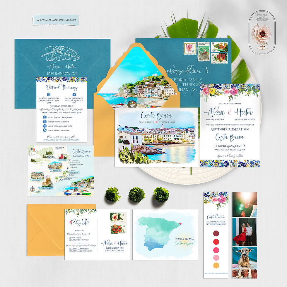 Thumbnail: Costa Brava Catalonia Spain Watercolor Illustrated Destination Wedding Invitatio