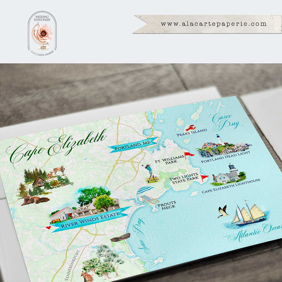Thumbnail: Cape Elizabeth Portland Maine Watercolor Illustrated Wedding Invitations