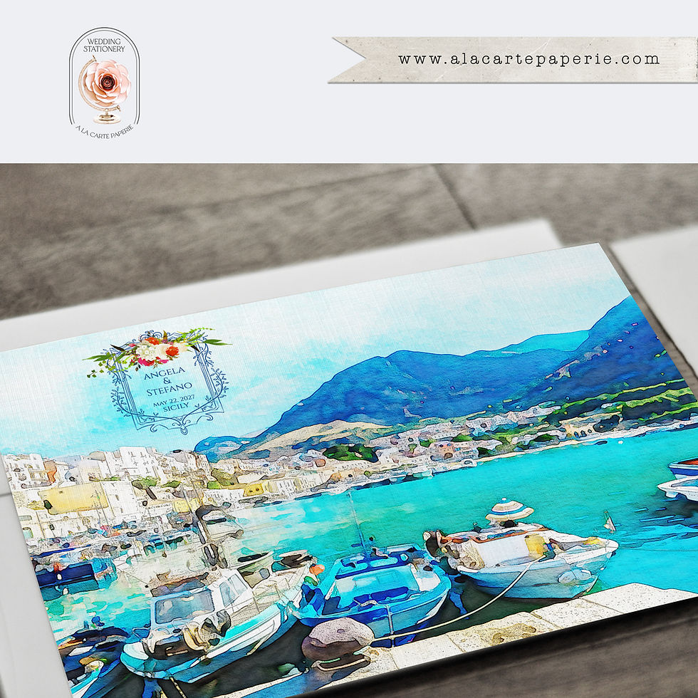 Thumbnail: Sicily Castellammare del Golfo Italy Watercolor Destination Wedding Invitations