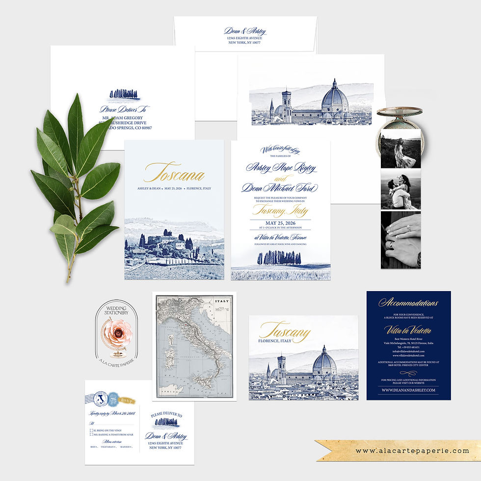 Thumbnail: Tuscany Italy Watercolor Destination Wedding Invitation Set Blue & Gold