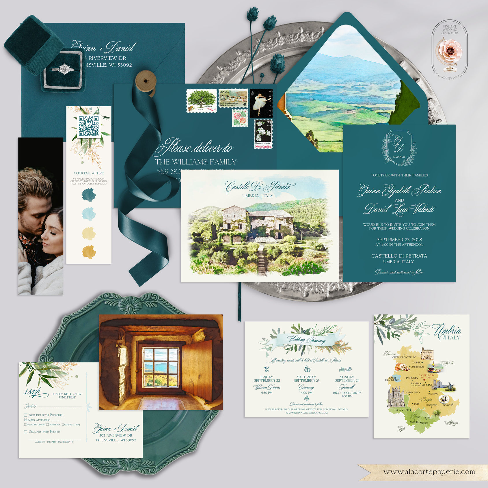 Umbria Italy Castello Di Petrata Watercolor Destination Wedding Invitations