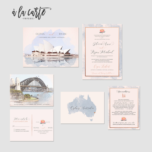 Sydney Australia Illustrated Destination wedding invitation watercolour