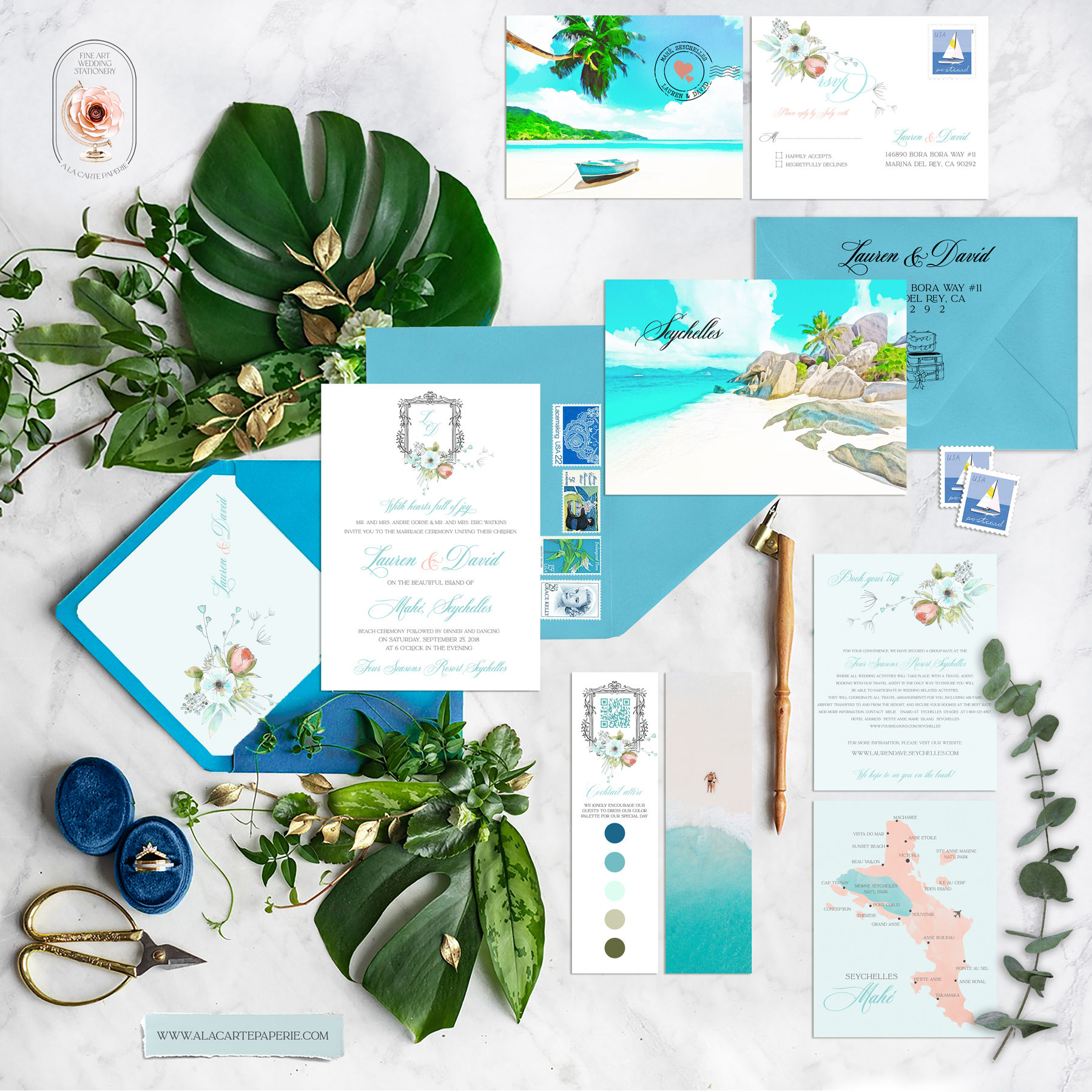 Seychelles Island Indian Ocean Watercolor lllustrated Wedding Invitation Set