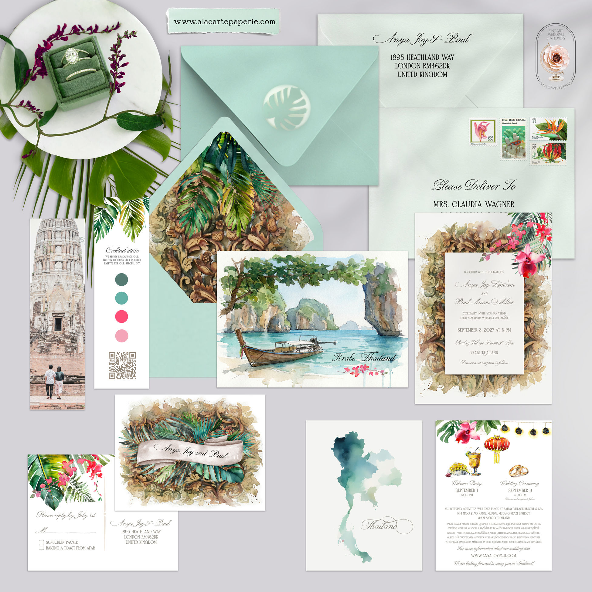 Krabi Thailand Asian Watercolor Illustrated Thai Destination Wedding Invitations