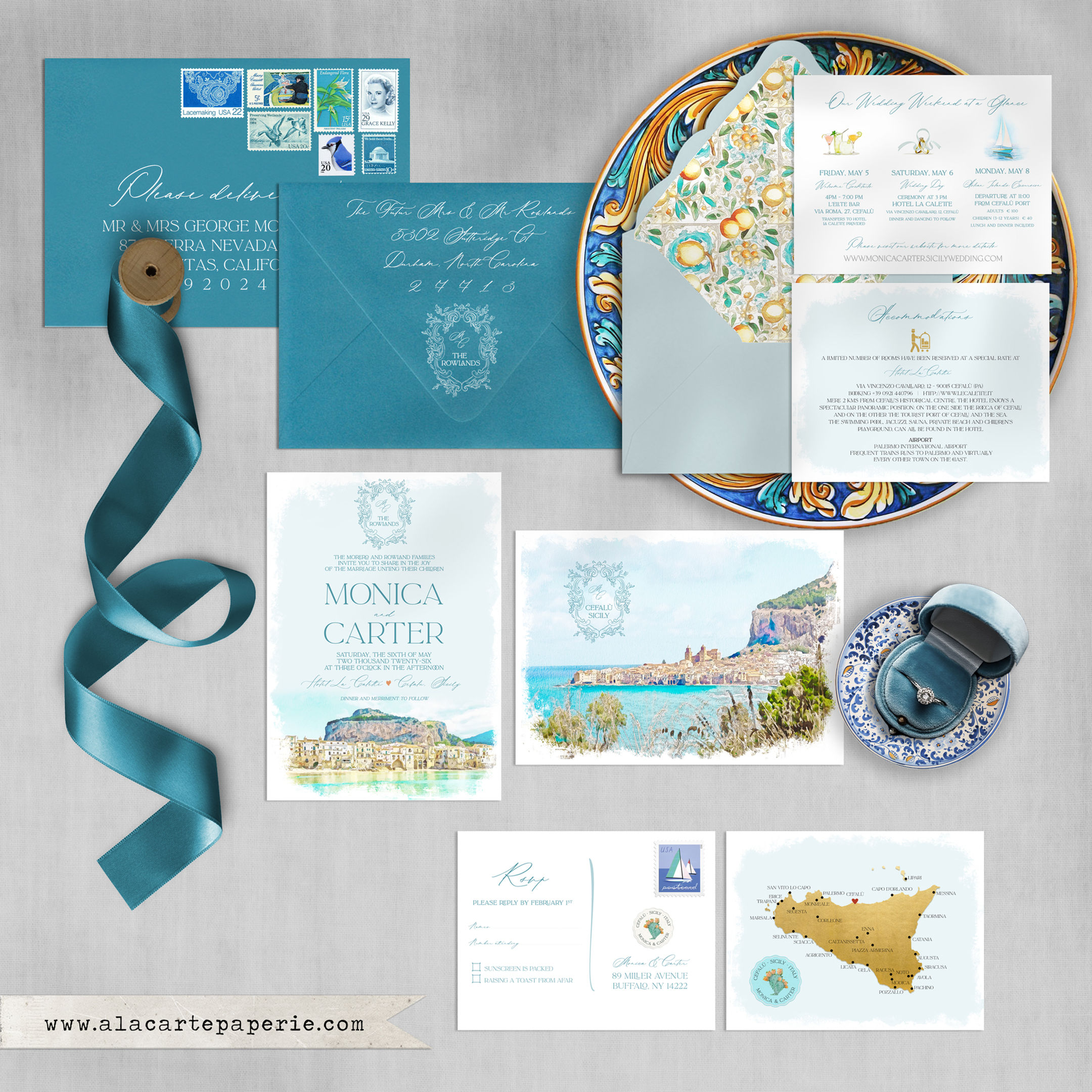 Sicily Italy Cefalu Watercolor Illustrated Destination Wedding Invitation Set