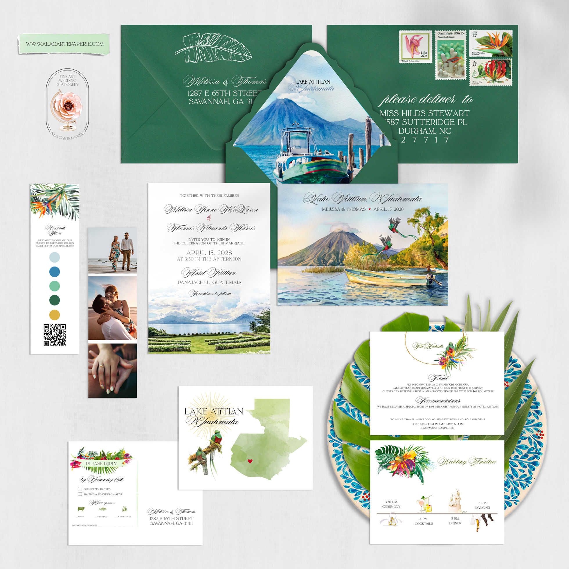 Lake Atitlan Wedding Invitations, Guatemala Watercolor Tropical Suite
