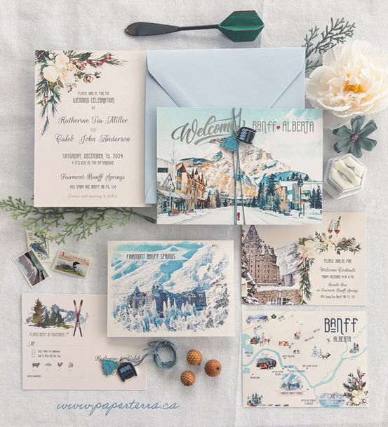 Banff, AB Canada Winter Silver Foiled  Wedding Invitation Set 