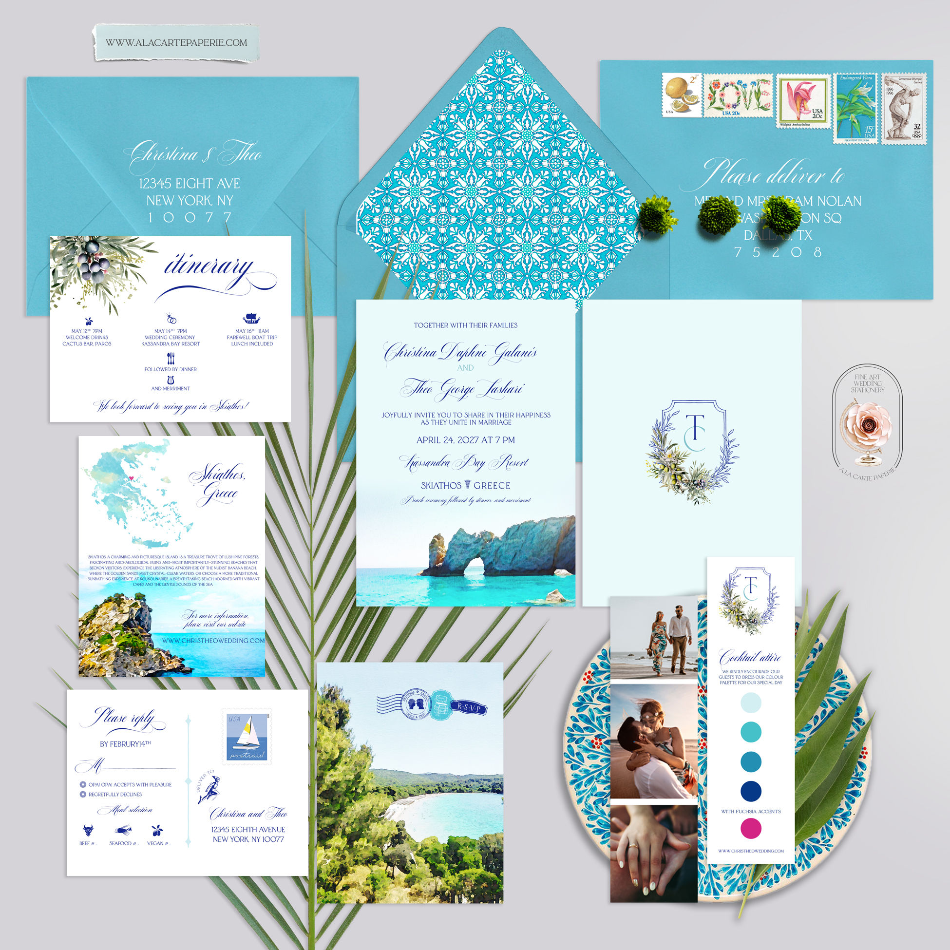 Skiathos Greece Watercolor Illustrated Greek Destination Wedding Invitatitation