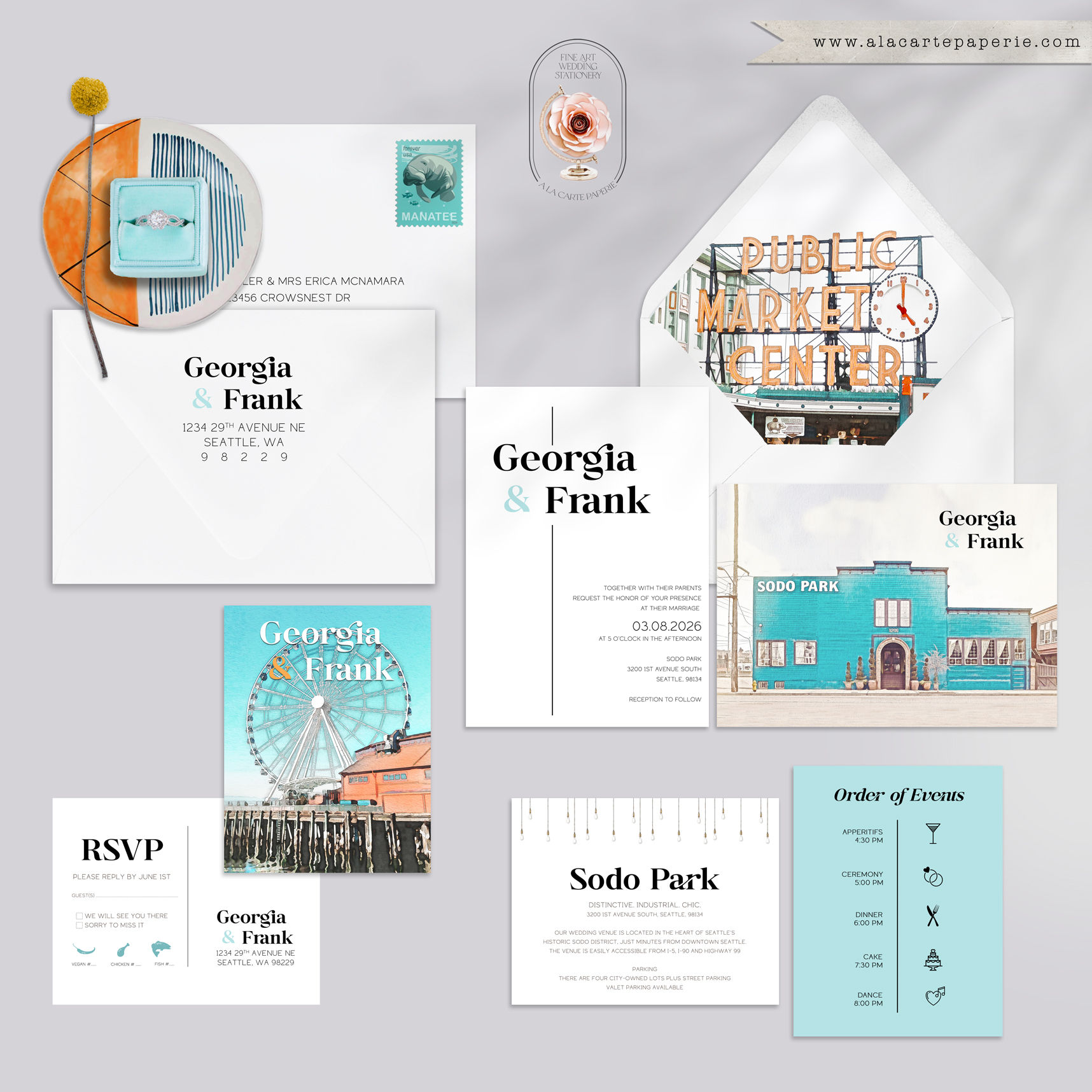 Seattle Washington illustrated wedding invitation Pike Place Market