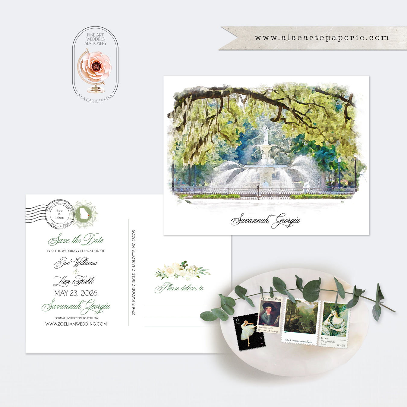 Savannah Georgia Watercolor Illustrated Destination Wedding Save the date card
