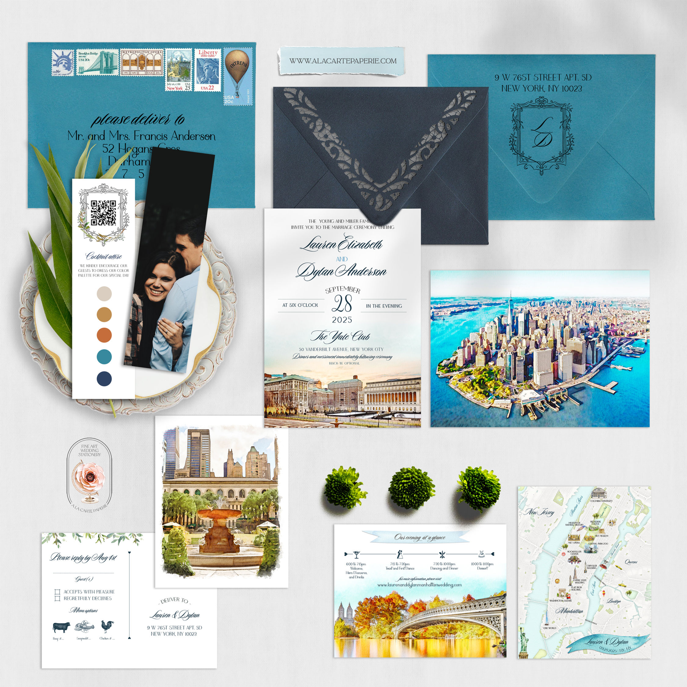 New York City Manhattan Yale Club Illustrated Watercolor Wedding Invitation Set