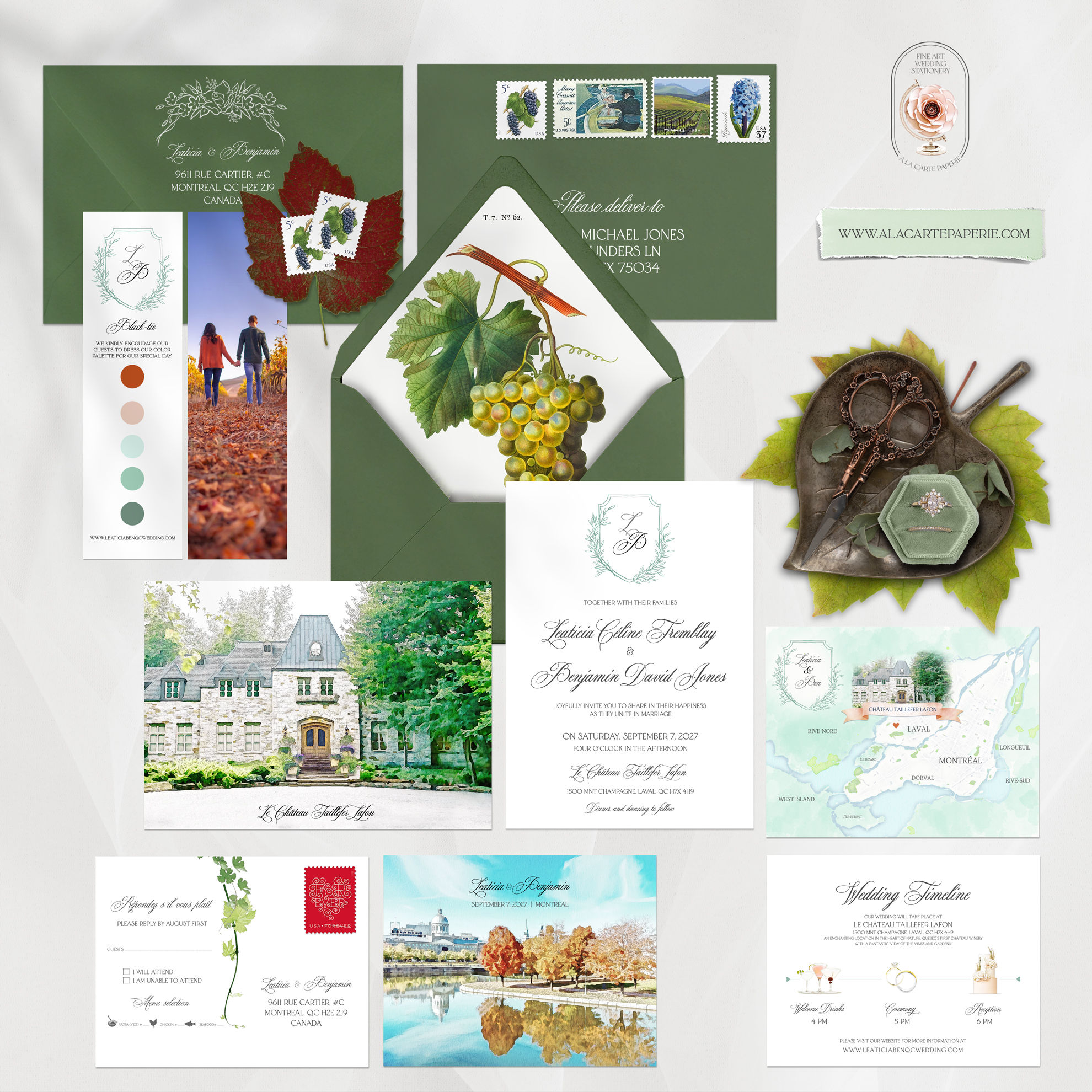 Montreal Laval Canada Quebec Chateau Winery Watercolor Wedding Invitation Set