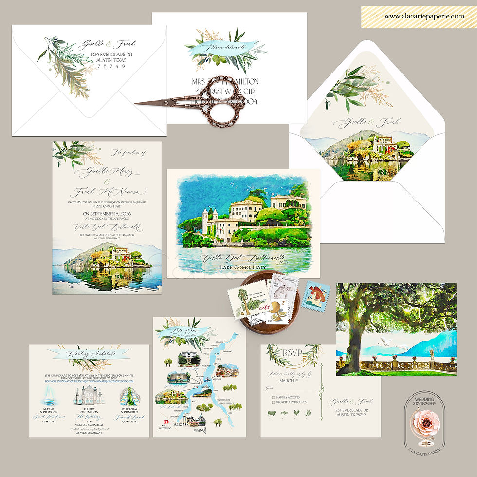 Thumbnail: Lake Como Villa del Balbianello Italy Watercolor Destination Wedding Invitations