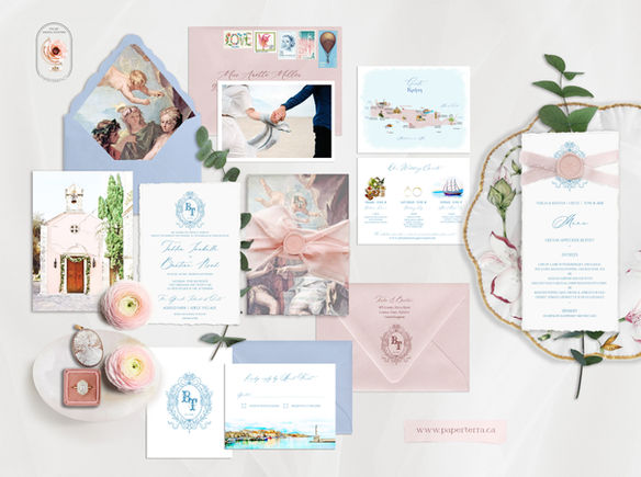 Crete Greece Agreaco Farm Wedding Invitation Set Watercolor Illustrated Wedding Invitation Set