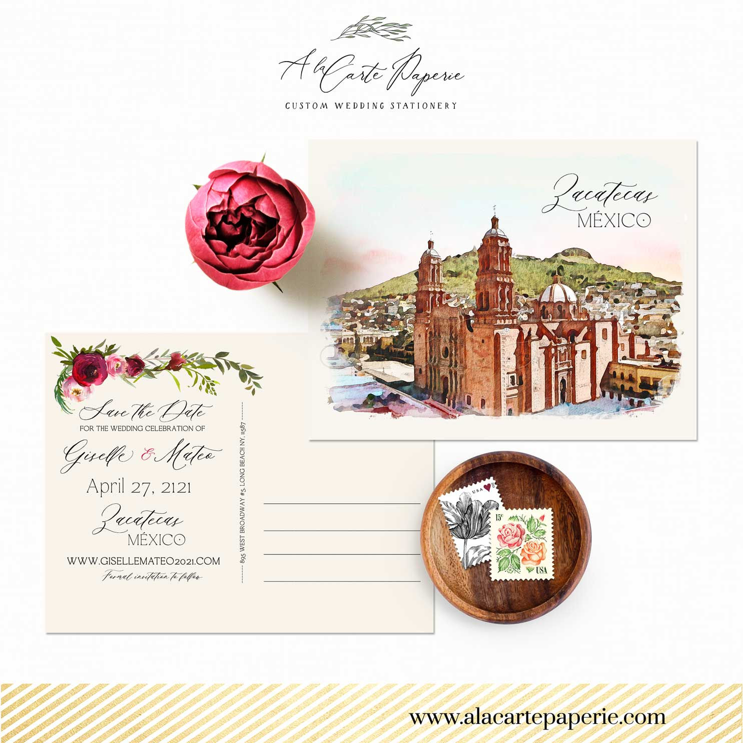 Zacatecas Mexico Destination Watercolor Illustrated Save the Date postcard Weddi