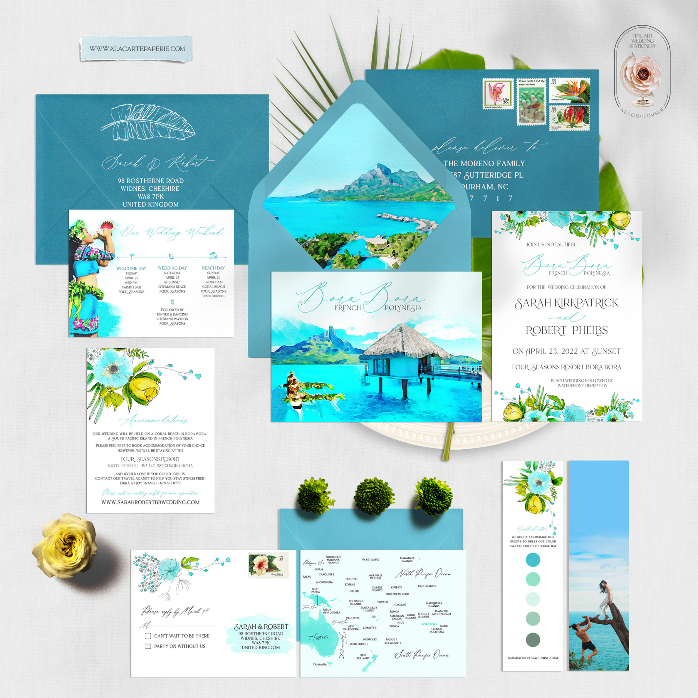 Bora Bora Tahiti S-Pacific Polynesia Tropical Beach Watercolor Wedding Invitatio