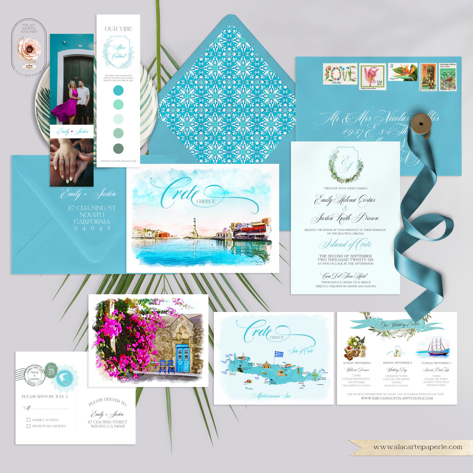 Crete Greece Watercolor Illustrated Greek Island Destination Wedding Invitations