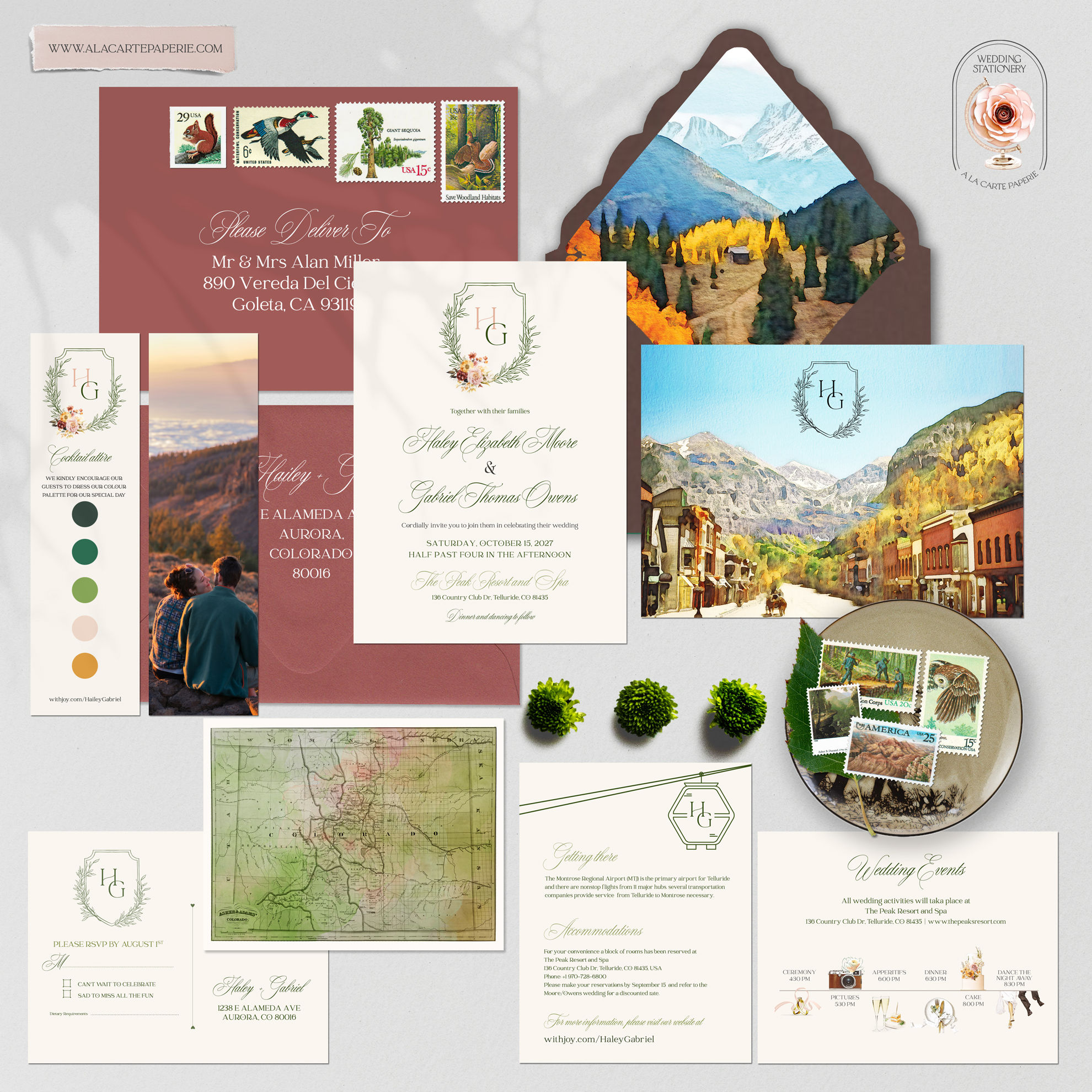 Telluride Colorado USA Fall Watercolor Illustrated Autumn Wedding Invitatatios